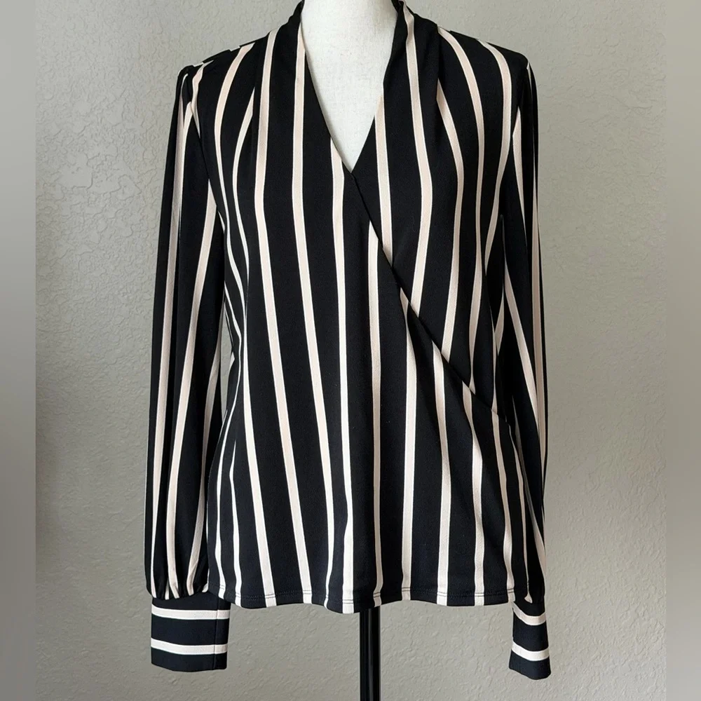 Adrianna Papell Black and Beige Striped V-Neck Blouse - Picture 2 of 8